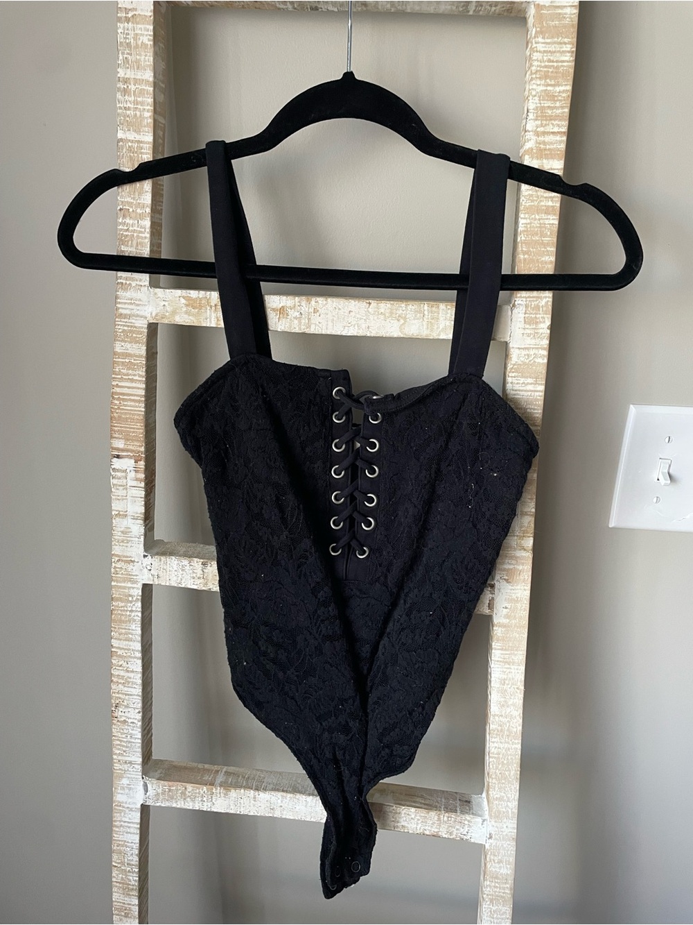 Express Black Lace One-Piece Bodysuit with Front Lace-Up